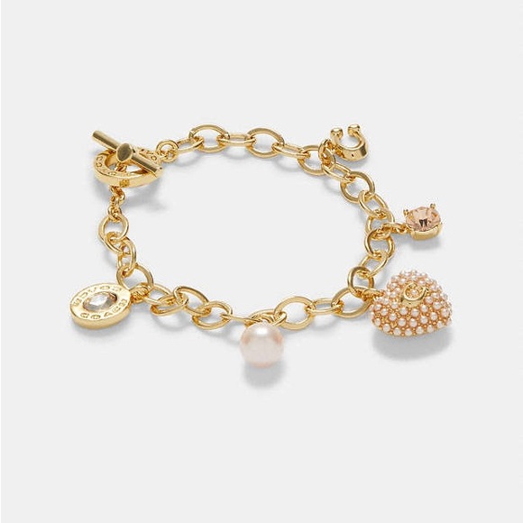 NWT Women’s Authentic COACH faux Pearl Puff Heart Charm Bracelet gold tone - Picture 1 of 7